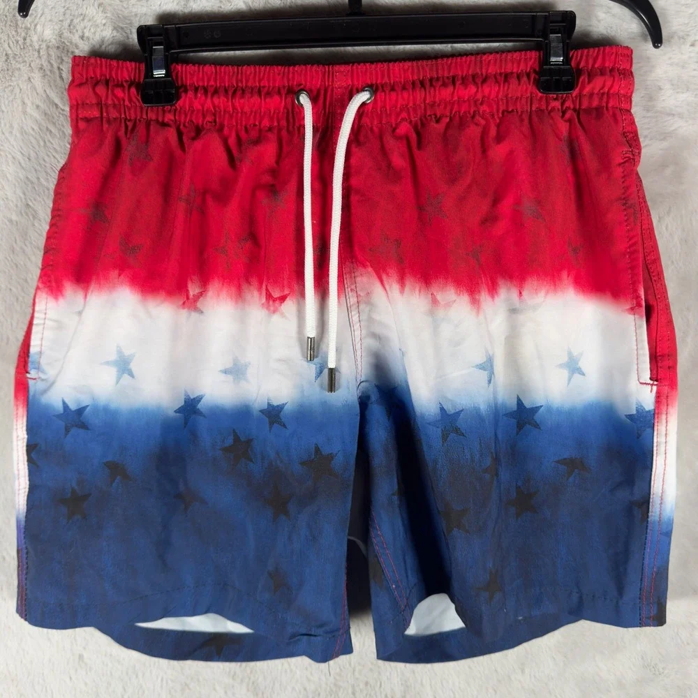 Surf‎ and Swim Co Mens Swim Trunks Shorts Red White Blue Stars Size L